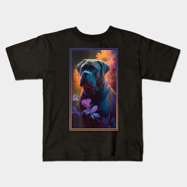 Cane Corso Dog Vibrant Tropical Flower Tall Digital Oil Painting Portrait Kids T-Shirt by ArtHouseFlunky